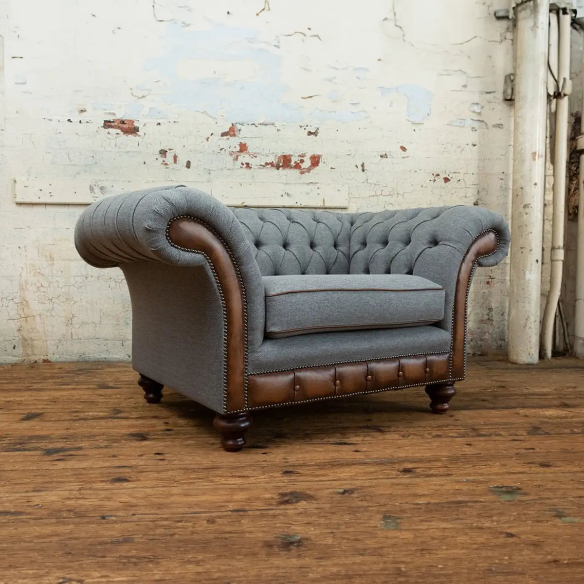 Oswald & Pablo Conrad Iron Herringbone Wool Chesterfield Snuggle Chair, also available in various fabrics and sizes - Main Image 