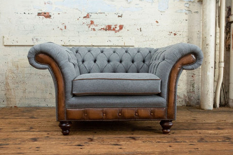 Oswald & Pablo Conrad Iron Herringbone Wool Chesterfield Snuggle Chair, also available in various fabrics and sizes - Lifestyle Image 