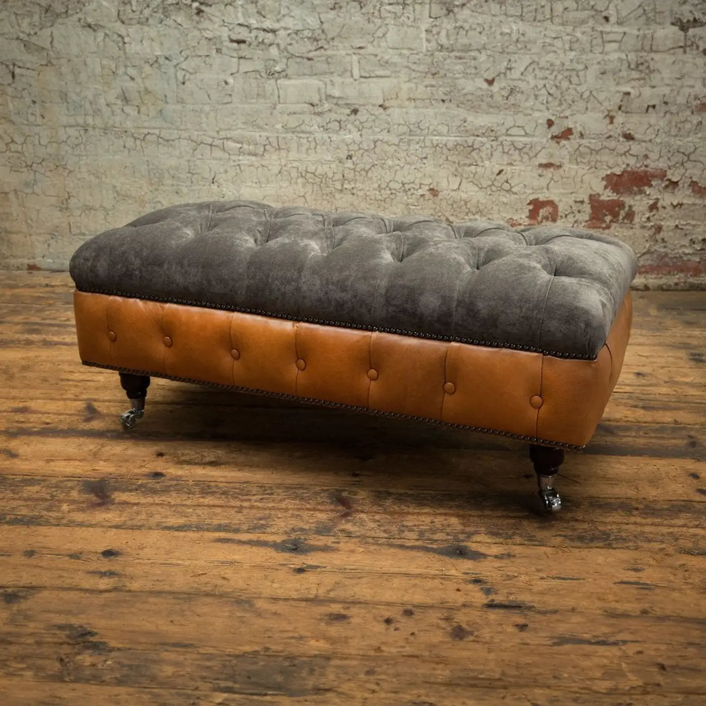 Oswald & Pablo Conrad Grey Chesterfield Velvet and Leather Footstool