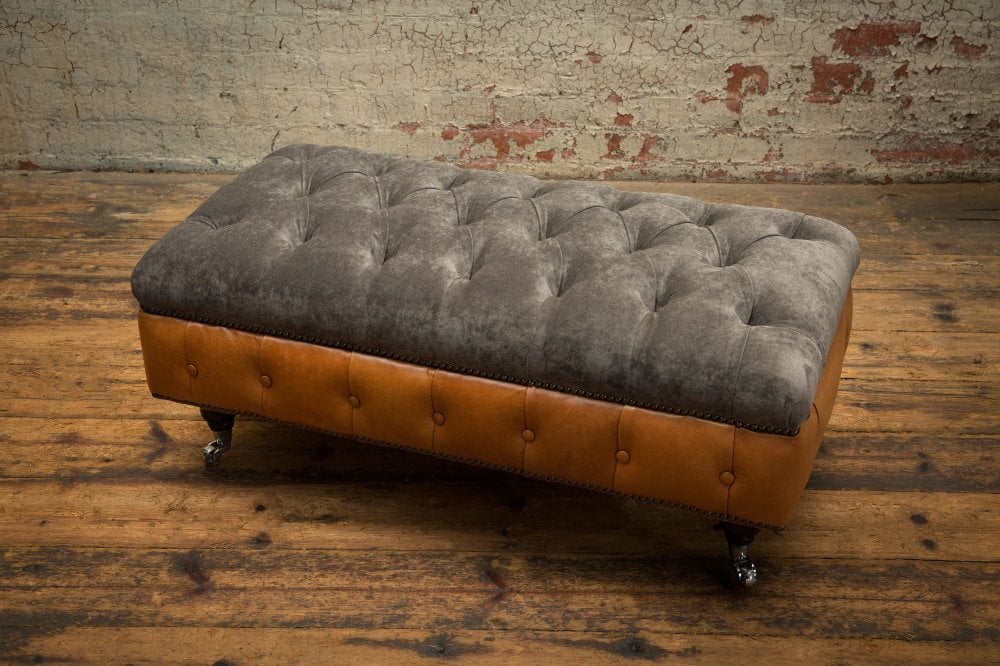 Oswald & Pablo Conrad Grey Chesterfield Velvet and Leather Footstool