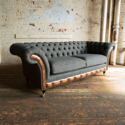 Oswald & Pablo Conrad Grey Wool and Tan Leather Chesterfield Sofa, choose bespoke fabric or leather, colour, stud detail and leg style - Main Image 