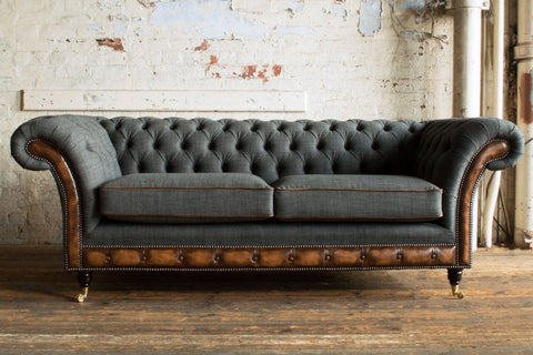 Oswald & Pablo Conrad Grey Wool and Tan Leather Chesterfield Sofa, choose bespoke fabric or leather, colour, stud detail and leg style - Lifestyle Image