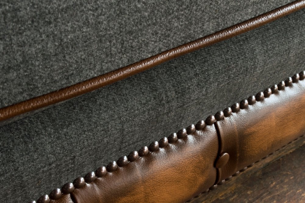 Oswald & Pablo Conrad Grey Wool and Tan Leather Chesterfield Sofa, choose bespoke fabric or leather, colour, stud detail and leg style - Leather Detail Image