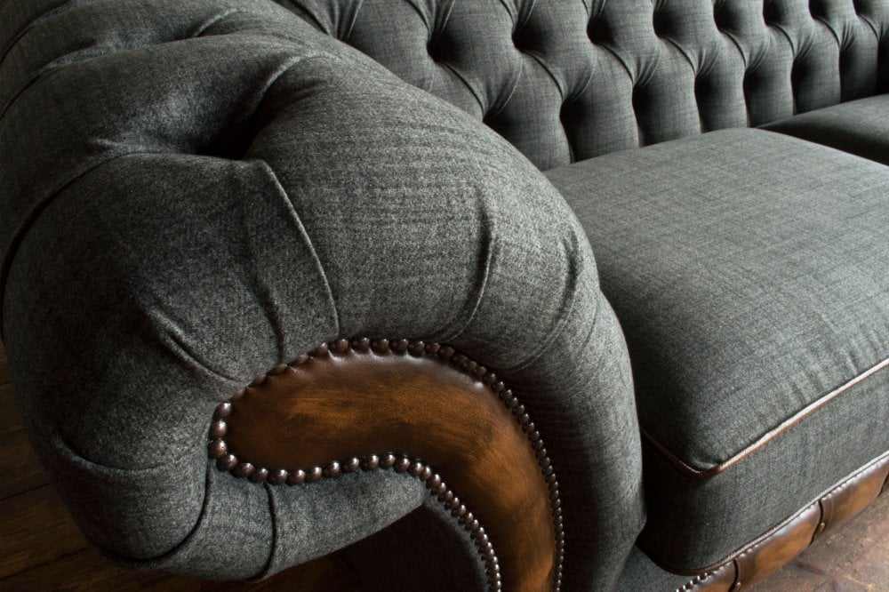 Oswald & Pablo Conrad Grey Wool and Tan Leather Chesterfield Sofa, choose bespoke fabric or leather, colour, stud detail and leg style - Armrest detail Image