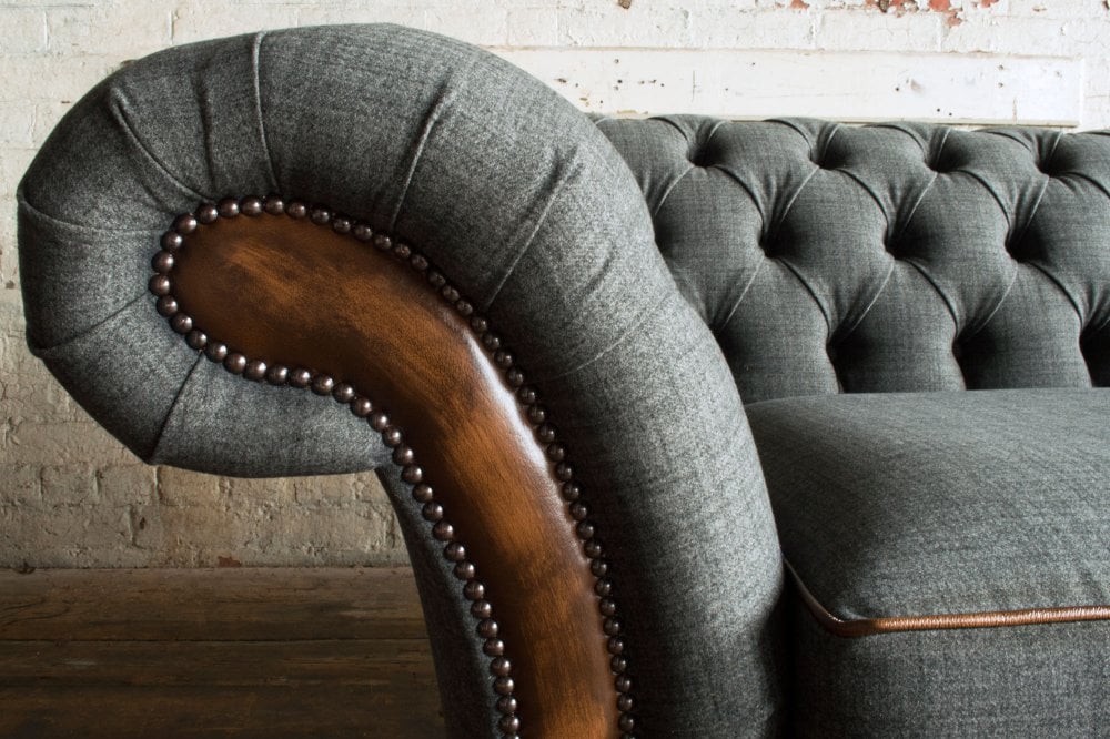 Oswald & Pablo Conrad Grey Wool and Tan Leather Chesterfield Sofa, choose bespoke fabric or leather, colour, stud detail and leg style - Studding detail Image