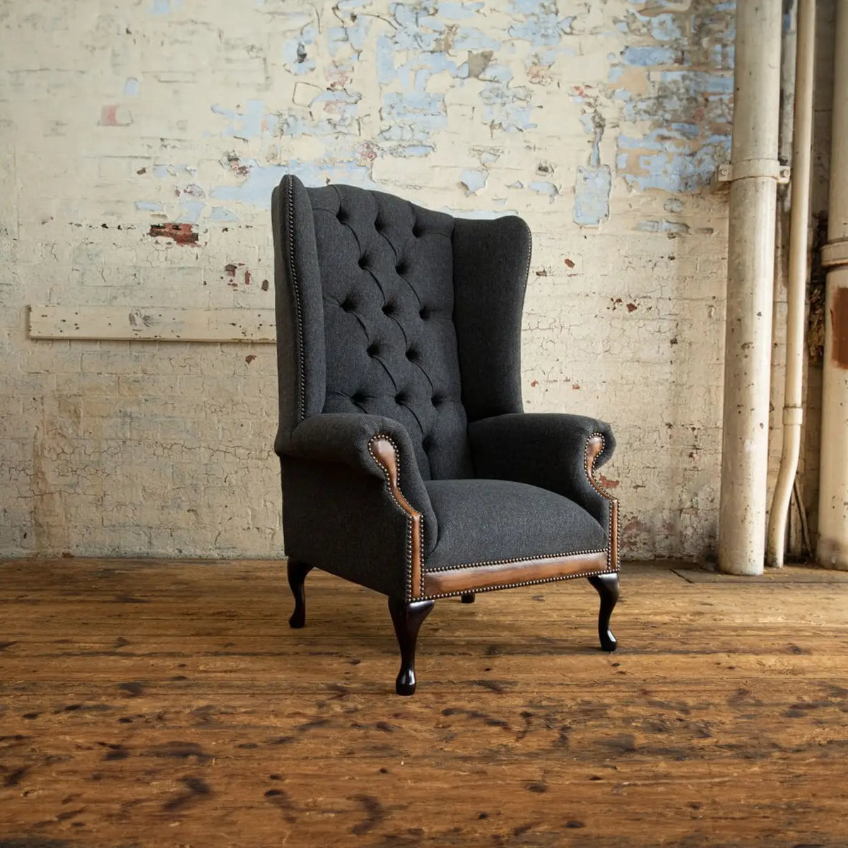 Oswald & Pablo Conrad Dark Grey Herringbone Wool Chesterfield Wing Chair, also available in other fabrics and colours - Main Image 