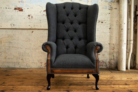 Oswald & Pablo Conrad Dark Grey Herringbone Wool Chesterfield Wing Chair, also available in other fabrics and colours - Lifestyle Image