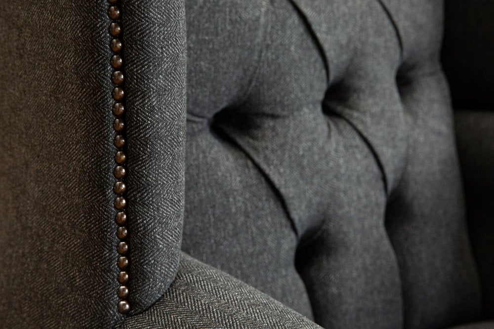 Oswald & Pablo Conrad Dark Grey Herringbone Wool Chesterfield Wing Chair