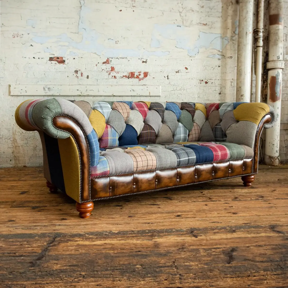 Cotswold Tan Leather Detail Patchwork Chesterfield Sofa, available in various sizes - Main Image