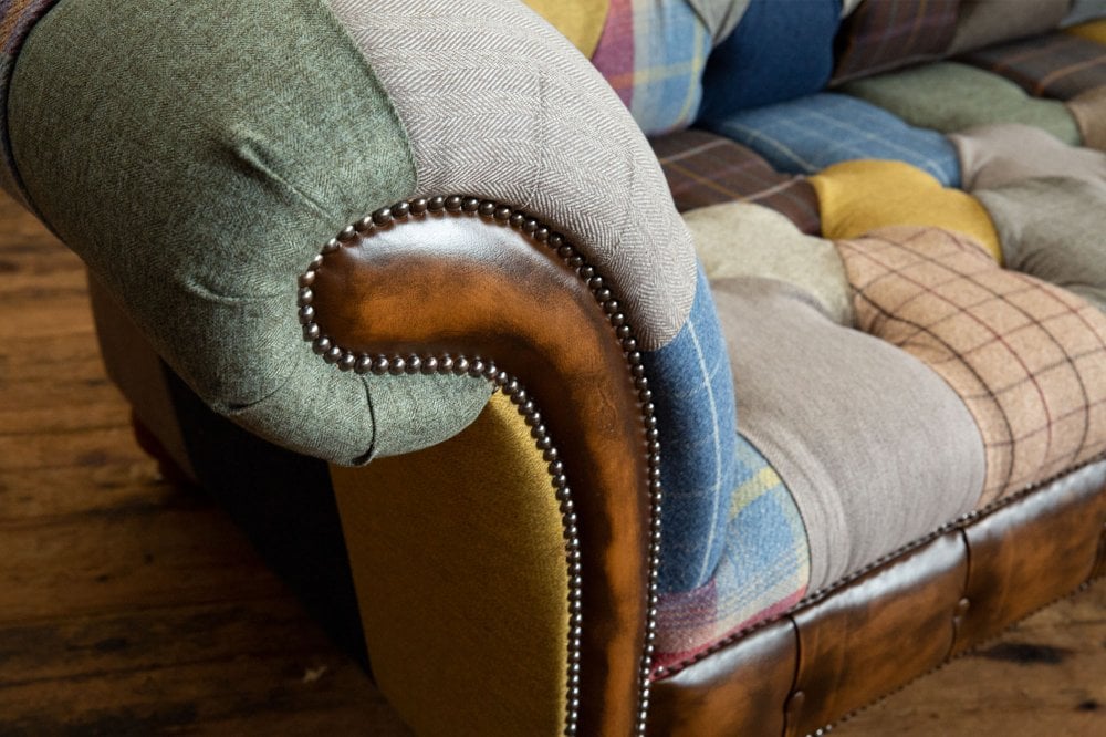 Cotswold Tan Leather Detail Patchwork Chesterfield Sofa, available in various sizes - Arm rest Image