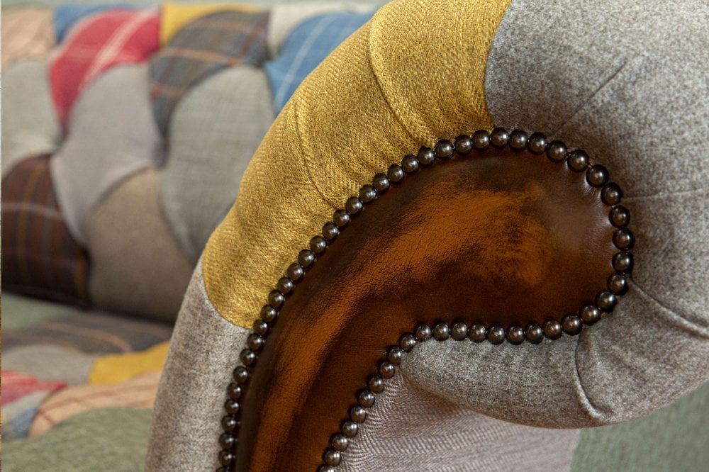 Cotswold Tan Leather Detail Patchwork Chesterfield Sofa, available in various sizes - Studded Detail Image