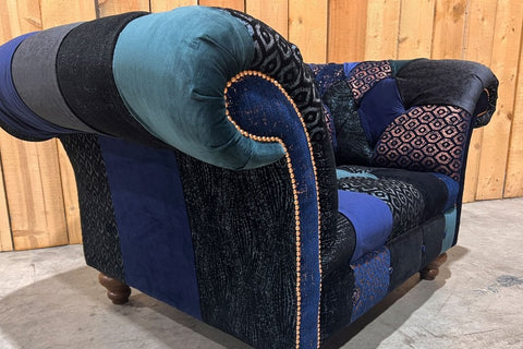 Oswald & Pablo Dorset Patchwork Velvet Chesterfield Snuggle Chair, also available in various size sofas - Chair Side Image