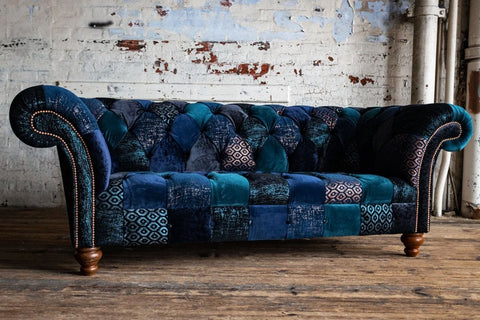 Oswald & Pablo Dorset Patchwork Velvet Chesterfield Sofa, available in various sizes and matching chairs - Lifestyle Image