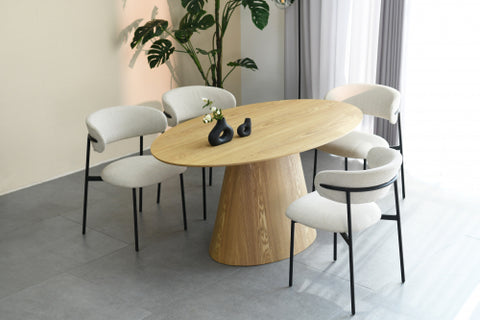 Oval Natural Wood Grain Dining Table and 4 Natural Linen Effect Dining Chairs-Lifestyle-Image-2