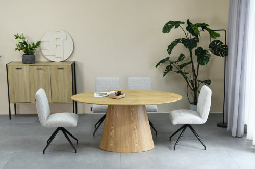 Oval Natural Wood Grain Dining Table and 4 Natural Linen Effect Dining Chairs-Lifestyle-Image