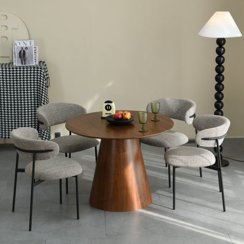 Walnut effect Round Dining Table and 4 Tweed oatmeal Dining Chairs
