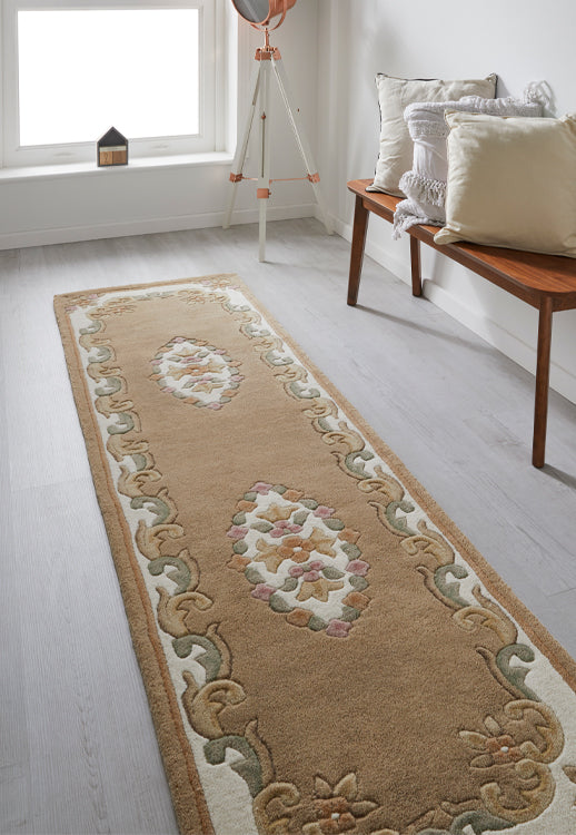 Royal Cream and Beige Traditional Rug, also available in cream, red, rose, green, blue, beige. Available in 7 sizes  - Lifestyle Runner Image Beige