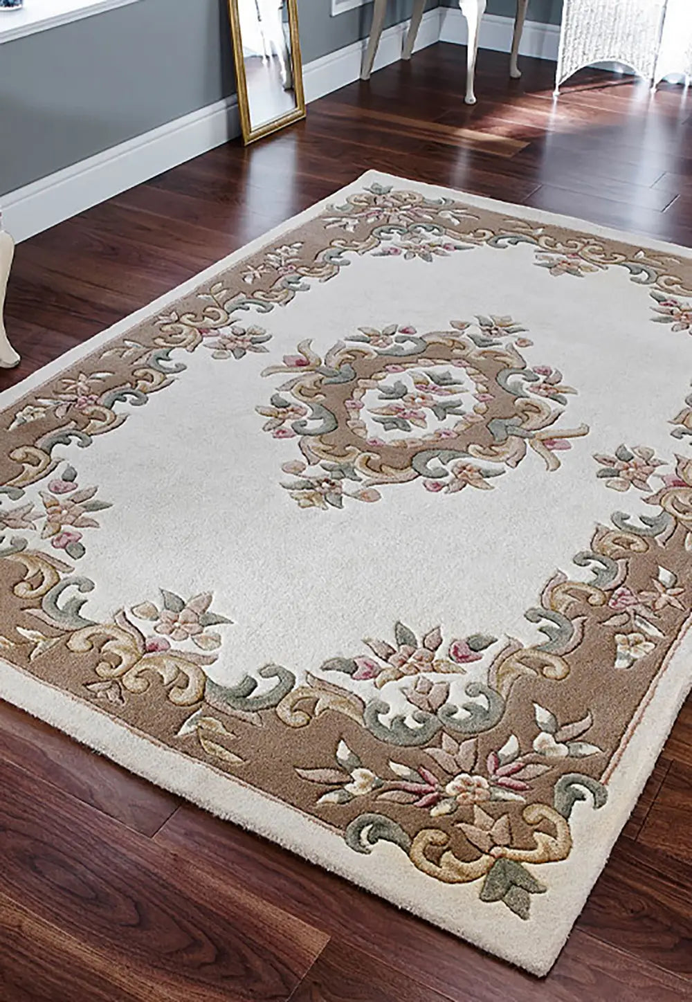 Royal Red Traditional Rug, also available in cream, red, rose, green, blue, beige. Available in 7 sizes - Lifestyle Image Cream and Beige