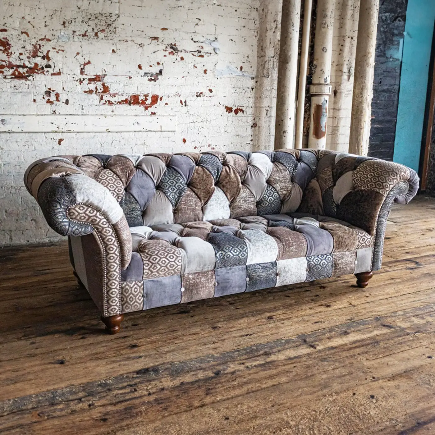 Oswald & Pablo Wiston Patchwork Velvet Chesterfield Sofa, Various Chair styles also available - Main Image  