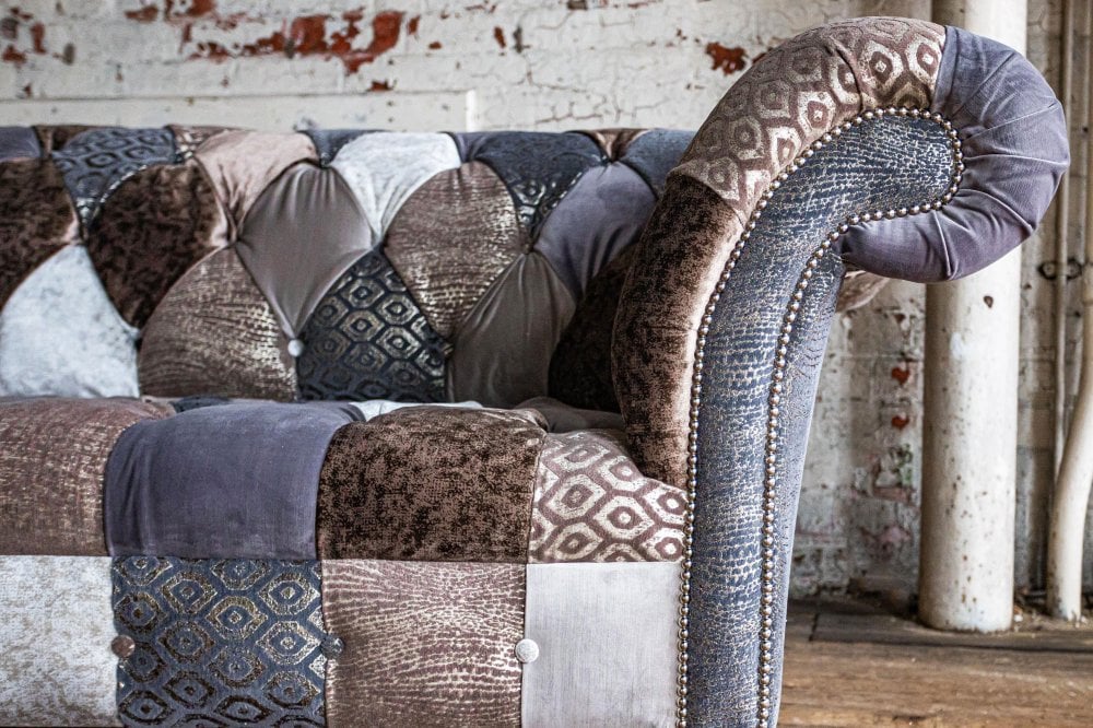 Oswald & Pablo Wiston Patchwork Velvet Chesterfield Sofa, Various Chair styles also available - Studding Detail Image