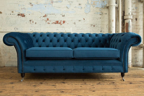 Oswald & Pablo Woodstock Chesterfield 3 Seater Blue Velvet Sofa, also available in various fabrics and colours - Lifestyle Image