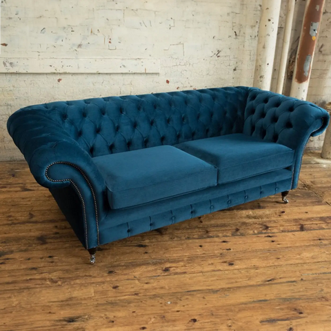 Oswald & Pablo Woodstock Chesterfield 3 Seater Blue Velvet Sofa, also available in various fabrics and colours - Main Image 