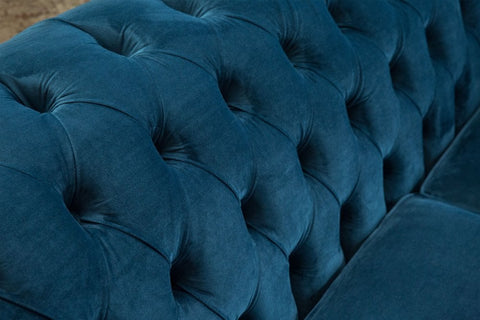 Oswald & Pablo Woodstock Chesterfield 3 Seater Blue Velvet Sofa, also available in various fabrics and colours - Buttoning Detail Image